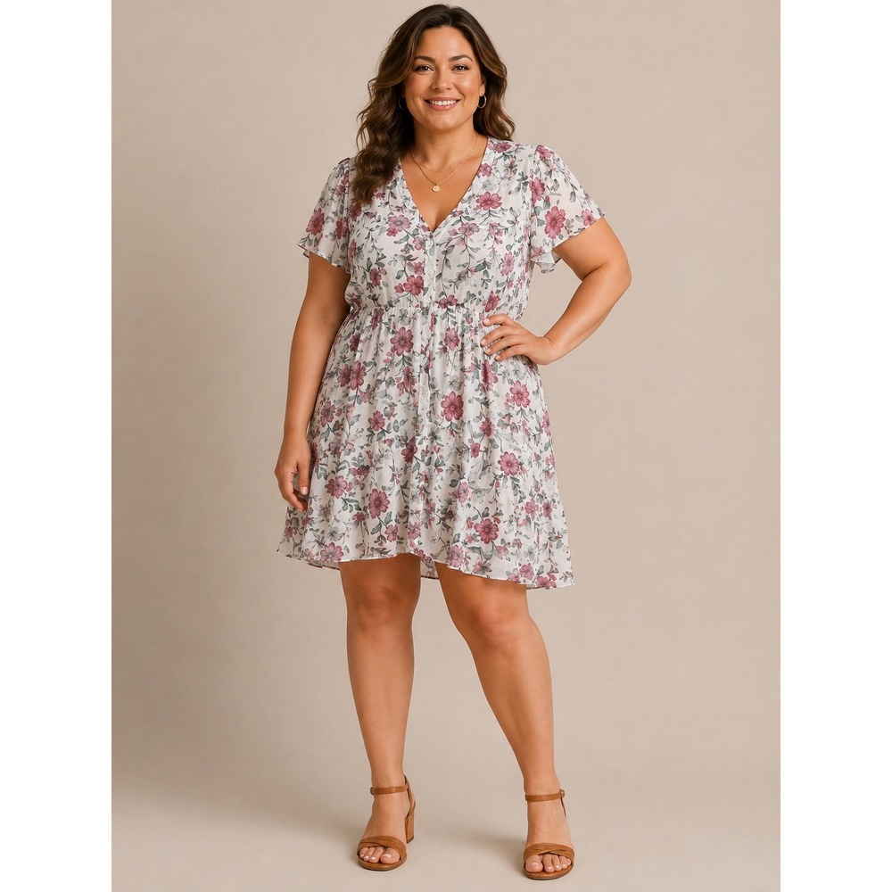 Torrid White Pink Floral Chiffon Button Front High-Low Mini Dress Plus Size 00
